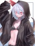  1girl :d arm_up bangs black_bra black_coat blue_hair bow bra breasts coat collarbone covered_nipples fall_dommmmmer fangs groin hair_between_eyes hair_bow highres hood hood_up hooded_coat midriff navel open_clothes open_coat open_mouth red_bow red_eyes remilia_scarlet shiny shiny_hair short_hair small_breasts smile solo standing stomach touhou underwear 