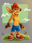  2020 activision anthro bandicoot blue_bottomwear blue_clothing blue_shorts bottomwear brown_body brown_eyebrows brown_fur brown_gloves brown_nose clothed clothing cloud countershade_torso countershading crash_bandicoot crash_bandicoot_(series) digital_media_(artwork) eyebrows fingerless_gloves flower footwear front_view fur gloves grass green_eyes hair handwear looking_up male mammal marsupial open_mouth plant red_clothing red_footwear red_hair red_shoes shoes shorts signature simple_background solo standing teeth tongue topless video_games 