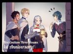  1girl 3boys anniversary blonde_hair blue_eyes blue_hair braid byleth_(fire_emblem) byleth_(fire_emblem)_(male) cake cape claude_von_riegan closed_eyes closed_mouth copyright_name dark_skin dark_skinned_male dimitri_alexandre_blaiddyd edelgard_von_hresvelg fire_emblem fire_emblem:_three_houses food from_side garreg_mach_monastery_uniform gloves hair_ribbon highres holding holding_lantern holding_plate lantern long_hair long_sleeves mizuno_(iori-amu) multiple_boys open_mouth plate purple_eyes ribbon short_hair single_braid smile uniform white_gloves white_hair 