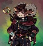  anthro belt breasts brown_hair cape clothed clothing dungeons_and_dragons ear_piercing ear_ring female hair hands_on_hips hasbro horn long_hair magic_user piercing satyr smile solo staff volkenfox wizards_of_the_coast 