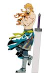  1boy abel_(unlight) arm_tattoo blue_eyes boots crossed_arms konohanaya long_hair looking_at_viewer male_focus muscle orange_hair parted_lips planted_sword planted_weapon shirtless standing standing_on_one_leg sword tattoo transparent_background unlight weapon 