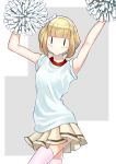  1girl :&lt; arms_up blonde_hair bow cheerleader commentary facepaint gym_shirt hair_bow hairband highres okiru pleated_skirt pom_poms shirt short_hair skirt sleeves_rolled_up solo thighhighs uchi_emiri watashi_ga_motenai_no_wa_dou_kangaetemo_omaera_ga_warui! white_bow white_legwear white_shirt |_| 