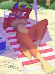  absurd_res animal_crossing anthro audie_(animal_crossing) beach beach_umbrella big_breasts breasts canid canine canis colored_nails eyewear female futaku hi_res looking_at_viewer lounging lying mammal nails nintendo outside public public_nudity sand seaside smile smirk solo sunglasses video_games wolf 