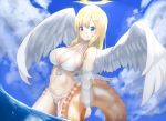  angel angel_wings bikini blonde_hair blue_eyes blue_sky breasts cleavage cloud commentary_request detached_sleeves front-tie_top halo hand_in_pocket highres innertube large_breasts long_hair original parted_lips sapota_clone sky smile swimsuit water white_bikini wings 