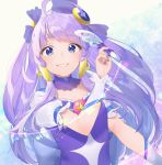  1girl absurdres ahoge bangs blue_eyes choker cure_selene eyebrows_visible_through_hair floating_hair grey_nails grin highres holding long_hair looking_at_viewer nail_polish precure purple_choker purple_hair shiny shiny_hair short_sleeves smile solo star_twinkle_precure upper_body very_long_hair yupiteru 