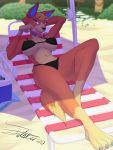  absurd_res animal_crossing anthro audie_(animal_crossing) beach beach_umbrella big_breasts bikini breasts canid canine canis clothing colored_nails eyewear female futaku hi_res looking_at_viewer lounging lying mammal nails nintendo outside public sand seaside smile smirk solo sunglasses swimwear video_games wolf 