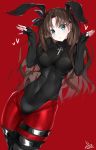  animal_ears black_footwear black_hair boots bunny_ears commentary commentary_request fate/extra fate/extra_record fate_(series) green_eyes highres long_hair nail_polish red_background red_legwear red_nails thigh_boots thigh_strap thighhighs tohsaka_rin twintails watosu 