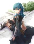  1girl black_shorts blue_eyes blue_hair byleth_(fire_emblem) byleth_(fire_emblem)_(female) cat closed_mouth fire_emblem fire_emblem:_three_houses pantyhose robaco shorts sitting solo stairs 