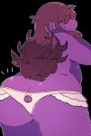  2020 anthro big_butt black_background brown_hair butt clothing deltarune female hair hi_res looking_back mostly_nude panties purple_body rear_view scalie simple_background solo susie_(deltarune) underchikichan underwear video_games white_clothing white_underwear wide_hips 