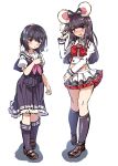  2girls :o absurdres animal_ears animal_on_shoulder bangs black_bow black_hair black_legwear black_skirt black_vest blush bow brown_footwear character_request commentary_request eyebrows_visible_through_hair flying_sweatdrops granblue_fantasy hair_bow hair_ornament hairclip hand_up harigane_shinshi heart highres kneehighs loafers long_hair long_sleeves looking_at_viewer midriff mouse mouse_ears multiple_girls neckerchief nose_blush open_mouth parted_lips pink_neckwear pleated_skirt puffy_short_sleeves puffy_sleeves red_bow red_eyes sailor_collar school_uniform serafuku shadow shirt shoes short_sleeves skirt sleeves_past_wrists standing striped striped_bow sweat very_long_hair vest vikala_(granblue_fantasy) wavy_mouth white_background white_sailor_collar white_shirt white_skirt 