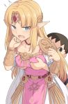  1boy 1girl bangs blonde_hair blue_eyes blush breast_grab breasts collarbone commentary_request doubutsu_no_mori dress gem grabbing grabbing_from_behind hand_on_own_chin hand_up jewelry long_hair medium_breasts necklace parted_bangs pointy_ears princess_zelda shiseki_hirame smile solo_focus sweatdrop the_legend_of_zelda villager_(doubutsu_no_mori) 