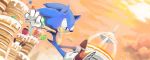  2010 anthro blue_body blue_fur bracelet cake candy clothing cupcake detailed_background eulipotyphlan food footwear fur gloves green_eyes handwear hedgehog jewelry lollipop male mammal niwa0w0 orange_sky shoes smile solo sonic_colors sonic_the_hedgehog sonic_the_hedgehog_(series) 