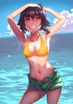  1girl bangs bikini black_hair blue_sky braid brown_eyes cloud commentary_request cowboy_shot day girls_und_panzer green_shorts grin hands_on_own_head horizon jack_hamster looking_at_viewer ocean open_fly outdoors pepperoni_(girls_und_panzer) short_hair shorts side_braid sky smile solo swimsuit yellow_bikini 