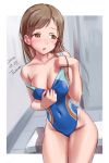  1girl absurdres artist_name blue_swimsuit breasts brown_eyes brown_hair cleavage commentary_request competition_swimsuit covered_navel cowboy_shot dated highres idolmaster idolmaster_cinderella_girls long_hair looking_to_the_side medium_breasts nitta_minami one-piece_swimsuit solo swimsuit tatami_(loop) undressing 