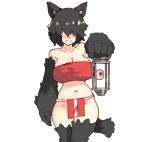  1girl animal_ears bare_shoulders breasts cleavage closed_mouth collarbone eyeball floating floating_eye hair_over_eyes holding large_breasts monster_girl original shaded_face shiny shiny_skin short_hair simple_background smile solo tail vins-mousseux werewolf white_background 