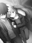  1boy 1girl bangs blush breasts collarbone contemporary fate/grand_order fate_(series) fujimaru_ritsuka_(male) fur-trimmed_jacket fur_trim greyscale hair_ribbon highres jacket kama_(fate/grand_order) large_breasts long_hair long_sleeves looking_at_viewer monochrome open_clothes open_jacket open_mouth ribbon short_hair spiked_hair wavy_mouth yamoge 