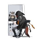 2girls against_glass animal_ears animal_ears_helmet arknights black_gloves brown_hair chain chair crownslayer_(arknights) fire_helmet firefighter folding_chair glass_wall gloves hand_on_glass helmet hood jacket looking_at_another multiple_girls red_hair shaw_(arknights) tail yuyanshu13 