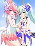  2girls :d :o absurdres bangs banned_artist bare_shoulders bikini black_bikini blue_eyes blush bow bracelet breasts commentary_request cp00 day eyebrows_visible_through_hair fang green_hair hair_between_eyes hair_bun hair_ornament hand_up highres holding_hands honkai_(series) honkai_impact_3rd interlocked_fingers jewelry liliya_olenyeva long_hair multiple_girls open_mouth outdoors parted_lips pearl_bracelet pink_bow pink_hair rozaliya_olenyeva see-through small_breasts smile star_(symbol) star_hair_ornament swimsuit tail twintails very_long_hair white_bikini white_bow 