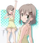  1girl arm_up armpits barefoot bed camisole green_eyes hair_ornament hairclip ki_(adotadot) looking_back open_mouth panties panty_peek short_hair sitting sleepy solo stretch toes underwear white_panties yama_no_susume yawning yellow_camisole yukimura_aoi 