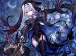  arknights braids dress headdress long_hair moon night red_eyes sheya signed sky specter_(arknights) stars stockings 