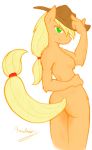  ambris anthro applejack_(mlp) blonde_hair breasts butt clothed clothing cutie_mark digital_media_(artwork) earth_pony equid equine fehlung female friendship_is_magic fur green_eyes hair hasbro hat headgear headwear horse looking_at_viewer mammal my_little_pony nude pinup pony pose simple_background solo 