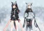  2020 accessory animal_humanoid arknights black_hair blush bottomwear canid canid_humanoid clothing cosplay deaver duo eye_scar female grey_eyes grey_hair hair hair_accessory hairclip hi_res holding_object holding_sword holding_weapon humanoid jacket lappland_(arknights) legwear long_hair mammal mammal_humanoid melee_weapon scar shorts simple_background smile stockings sword texas_(arknights) topwear torn_clothing torn_legwear torn_stockings weapon yellow_eyes 