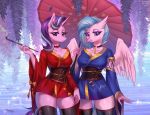  anthro avian blue_hair clothed clothing day detailed_background equid equine feathered_wings feathers female friendship_is_magic gryphon hair hasbro holding_object horn mammal margony my_little_pony mythological_avian mythology outside purple_eyes purple_hair silverstream_(mlp) starlight_glimmer_(mlp) unicorn wings 