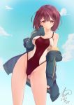  1girl atelier_(series) atelier_sophie blue_sky brown_eyes brown_hair cloud commentary_request competition_swimsuit cowboy_shot dated green_jacket highres hood hooded_jacket hoodie jacket looking_at_viewer one-piece_swimsuit short_hair signature sky smile solo sophie_neuenmuller standing swimsuit tewo two-tone_swimsuit 