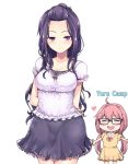  2girls arms_behind_back bespectacled black-framed_eyewear blush breasts cleavage closed_eyes closed_mouth collarbone copyright_name expressionless facing_viewer glasses hair_pulled_back heart highres kagamihara_nadeshiko kagamihara_sakura kasai_shin large_breasts long_hair looking_at_viewer multiple_girls no_eyewear open_mouth pink_hair purple_eyes purple_hair rectangular_eyewear short_sleeves skirt yurucamp 