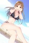  1girl bangs bare_shoulders bikini black_bikini blue_sky blush breasts brown_eyes brown_hair cleavage collarbone highres idolmaster idolmaster_cinderella_girls large_breasts legs long_hair looking_at_viewer natsuya navel nitta_minami open_mouth sitting sky smile swept_bangs swimsuit 