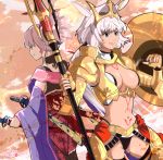  2girls armor blue_eyes breasts caenis_(fate) cleavage dated detached_sleeves fate/grand_order fate_(series) holding holding_spear holding_weapon medium_breasts miyamoto_musashi_(fate/grand_order) multiple_girls polearm shield short_hair smile spear sword tattoo weapon white_hair yuruyume1224 