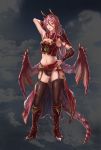  2016 animal_humanoid armor cloud dragon dragon_humanoid female garter_straps hair hand_behind_head hi_res horn humanoid looking_at_viewer membrane_(anatomy) membranous_wings mkkgraphic navel red_hair solo star unconvincing_armor wings 