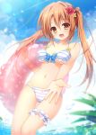  1girl :d bangs bare_arms bare_shoulders bikini blue_sky blush breasts brown_eyes brown_flower brown_hair cloud cloudy_sky collarbone commentary_request day eyebrows_visible_through_hair flower frilled_bikini frills hair_between_eyes hair_flower hair_ornament highres innertube looking_at_viewer medium_breasts navel open_mouth original outdoors outstretched_arm pimopi polka_dot red_flower sky smile solo standing striped striped_bikini summer swimsuit twintails 