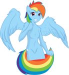  anthro blue_body blue_feathers blue_fur breasts cutie_mark equid equine feathered_wings feathers fehlung female friendship_is_magic fur hair hasbro long_hair looking_at_viewer mammal multicolored_hair my_little_pony nude pegasus rainbow_dash_(mlp) rainbow_hair simple_background smile solo wings 