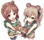  2girls animal_ears backpack bag bandages bandaid bangs bear_ears bear_tail belt black_choker black_gloves black_legwear black_ribbon boko_(girls_und_panzer) brown_eyes brown_hair brown_shorts camouflage camouflage_shirt carrying choker closed_mouth dog_tags eyebrows_visible_through_hair fake_animal_ears fake_tail fingerless_gloves girls_und_panzer gloves green_shirt grey_belt grey_jacket hair_ribbon highres holding holding_stuffed_animal jacket kasai_shin light_blush light_brown_hair long_hair looking_at_viewer midriff multiple_girls navel nishizumi_miho one_side_up open_mouth pouch ribbon shimada_arisu shirt short_hair short_shorts shorts side-by-side simple_background sleeveless sleeveless_jacket smile standing stuffed_animal stuffed_toy tail tank_top teddy_bear thigh_strap thighhighs throat_microphone white_background white_legwear white_shirt 