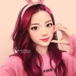  1girl animal_ears artist_name blackpink brown_eyes bunny_ears ears fake_animal_ears group_name hair_ornament hair_over_shoulder hand_on_own_cheek headband jisoo_(blackpink) logo long_hair pink_background pink_sweater red_hair simple_background smile solo sweater umigraphics wavy_hair 