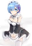  1girl apron bare_shoulders black_dress blue_eyes blue_hair breasts cleavage detached_sleeves dress flower_knot frilled_dress frills hair_ornament hair_over_one_eye hair_ribbon headdress kuaua long_sleeves looking_at_viewer medium_breasts re:zero_kara_hajimeru_isekai_seikatsu rem_(re:zero) ribbon short_hair simple_background smile solo thighhighs waist_apron white_background white_legwear x_hair_ornament 