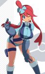  1girl ;q bangs belt blue_belt blue_eyes blue_footwear blue_gloves blue_jacket blue_shorts blush boots breasts commentary_request cowboy_shot cropped_jacket elbow_gloves eyebrows_visible_through_hair fuuro_(pokemon) gloves grey_background gym_leader hair_between_eyes hair_ornament hand_on_own_knee highres holding holding_poke_ball holster jacket knee_boots large_breasts leaning_forward long_hair looking_at_viewer midriff navel one_eye_closed one_side_up poke_ball poke_ball_(basic) pokemon pokemon_(game) pokemon_bw red_hair sakuraidai short_shorts shorts sidelocks smile solo standing thigh_holster tongue tongue_out two-tone_background white_background 