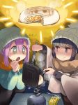  2girls beanie blush butter butter_knife camping commentary_request cooking food hat highres kagamihara_nadeshiko minawa multiple_girls portable_stove scarf shima_rin smirk sparkling_eyes sweatdrop translated yurucamp 