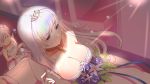  1boy 2girls azur_lane bangs belchan_(azur_lane) belfast_(azur_lane) belfast_(claddagh_ring&#039;s_vow)_(azur_lane) bouquet breasts bridal_veil bride bridesmaid broken broken_chain chain choker cleavage closed_eyes closed_mouth commander_(azur_lane) commentary_request dress earrings elbow_gloves eyebrows_visible_through_hair flower from_above gloves gold_chain groom highres holding_another jewelry large_breasts multiple_girls out_of_frame purple_eyes smile tiara veil wedding wedding_dress white_dress white_gloves xiao_shi_lullaby 