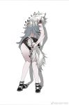 1girl animal_ears arknights covering covering_ass from_behind lappland_(arknights) long_hair looking_at_viewer looking_back panties shadow silver_hair simple_background solo tail underwear white_background wolf_ears yuyanshu13 