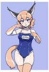  1girl :3 :p acesrulez alternate_costume bare_shoulders blue_eyes caracal_(kemono_friends) caracal_ears caracal_girl caracal_tail commentary_request cowboy_shot elbow_gloves extra_ears eyebrows_visible_through_hair gloves kemono_friends orange_hair school_uniform short_hair sleeveless solo thighhighs tongue tongue_out translation_request zettai_ryouiki 