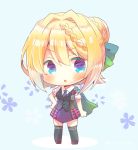  1girl :o bangs blonde_hair blue_background blue_eyes blue_skirt blush bow braid breasts cape chibi collared_shirt commentary_request eyebrows_visible_through_hair floral_background full_body green_bow green_cape green_legwear green_vest hair_between_eyes hair_bow hair_bun hair_intakes hand_on_hip kantai_collection kouu_hiyoyo looking_at_viewer necktie over-kneehighs parted_lips perth_(kantai_collection) plaid plaid_skirt pleated_skirt purple_neckwear shirt short_sleeves skirt small_breasts solo standing thighhighs vest white_shirt 
