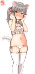  1girl alternate_costume artist_logo bell bell_choker blush bra brown_eyes cameltoe cat_cutout cat_ear_panties cat_lingerie choker cleavage_cutout commentary_request cowboy_shot dated flat_chest frilled_bra frills grey_hair hair_ribbon hands_on_own_face highres kanon_(kurogane_knights) kantai_collection long_hair looking_at_viewer lowleg lowleg_panties meme_attire nose_blush panties ponytail red_ribbon ribbon side-tie_panties simple_background solo thighhighs trembling underwear usugumo_(kantai_collection) white_background white_bra white_legwear white_panties 