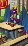  anthro azural_cobaltros clothing dragon eating fast_food food hi_res male mcdonald&#039;s membrane_(anatomy) membranous_wings solo topwear vest wings 