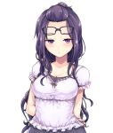  1girl arms_behind_back black-framed_eyewear blush breasts cleavage closed_mouth collarbone expressionless eyewear_on_head glasses hair_pulled_back highres kagamihara_sakura kasai_shin large_breasts long_hair looking_at_viewer purple_eyes purple_hair rectangular_eyewear short_sleeves solo yurucamp 