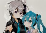  2girls absurdres androgynous aqua_eyes aqua_hair aqua_neckwear bare_shoulders black_shirt cigarette commentary crying crying_with_eyes_open flower_(vocaloid) grey_shirt hair_ornament hand_on_another&#039;s_shoulder hatsune_miku headphones highres holding holding_cigarette long_hair looking_at_viewer multicolored_hair multiple_girls necktie note55885 parted_lips purple_eyes purple_hair purple_neckwear ringed_eyes shirt short_hair sketch sleeveless sleeveless_shirt smoke streaked_hair tears twintails upper_body v_flower_(vocaloid4) vocaloid white_hair 