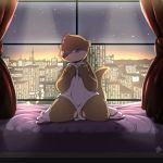  2020 ambiguous_gender anthro bed brown_body brown_fur city covering covering_self curtains detailed_background fur furniture half-closed_eyes head_tuft hi_res inside kneeling light lighting louart lutrine mammal mustelid narrowed_eyes on_bed purple_eyes sky skyscraper solo star thick_thighs tuft window 
