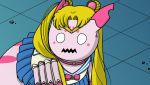  accessory arachnid arthropod arthropod_abdomen blonde_hair blue_bottomwear blue_clothing blue_skirt bottomwear clothing defreak ear_piercing ear_ring female feral hair headband kumo_desu_ga_nani_ka? kumoko long_hair meme open_mouth piercing sailor_moon_(series) sailor_moon_redraw_challenge school_uniform skirt solo spider tiles uniform usagi_tsukino 