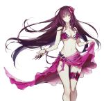  1girl bangs bare_shoulders bikini breasts cleavage collarbone fate/grand_order fate_(series) flower hair_flower hair_ornament hibiscus highres koshika_rina large_breasts leg_garter long_hair looking_at_viewer purple_bikini purple_hair purple_sarong red_eyes sarong scathach_(fate)_(all) scathach_(swimsuit_assassin)_(fate) swimsuit 